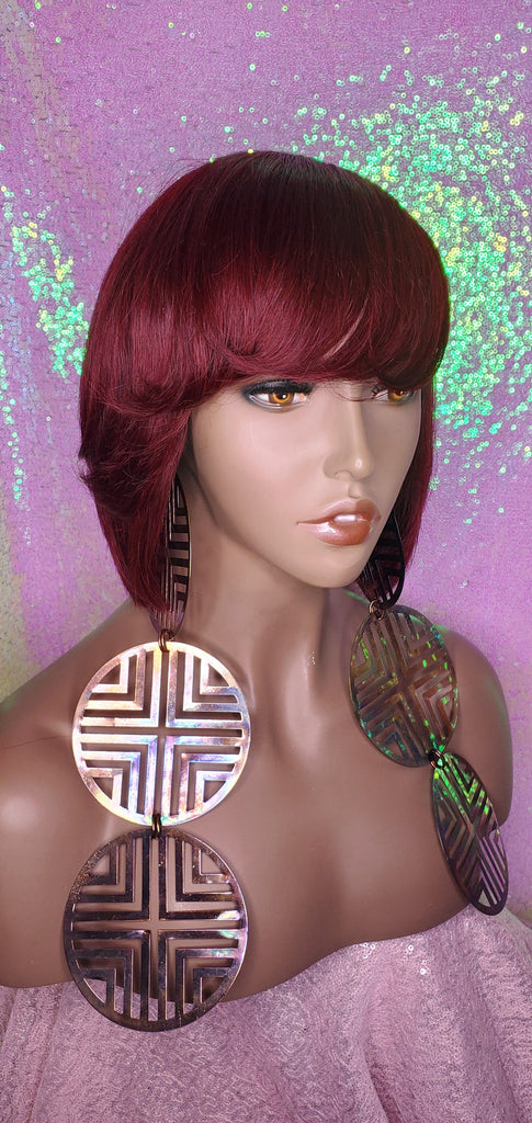 Short Cut Bob Indian Remy 100% Human Hair Wig Swoop Bang Wig Burgundy Hair Bob Wig - Beauty Blessing Wigs & Hair Extensions Boutique