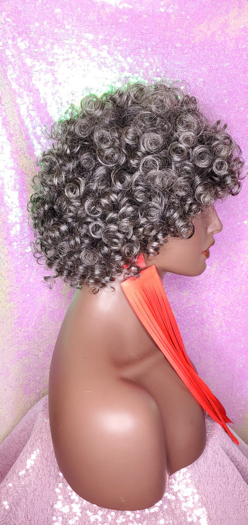 Short Loose Curl Salt Pepper Brazilian Remy 100% Human Hair Full Wig - Beauty Blessing Wigs & Hair Extensions Boutique
