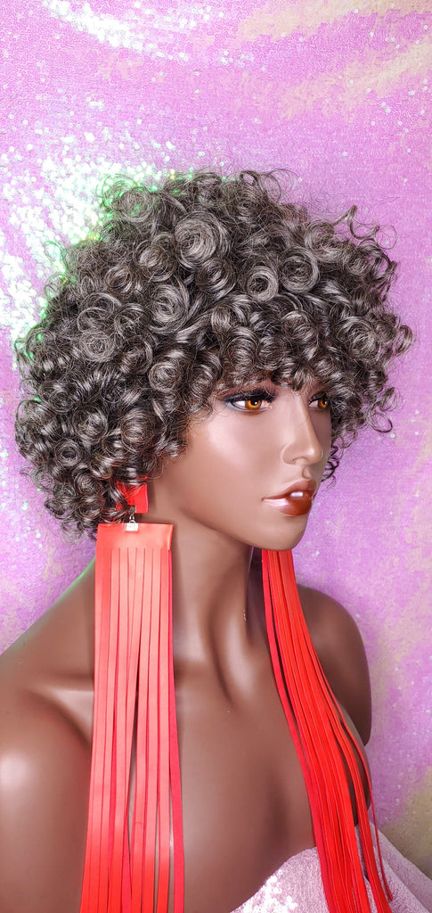 Short Loose Curl Salt Pepper Brazilian Remy 100% Human Hair Full Wig - Beauty Blessing Wigs & Hair Extensions Boutique