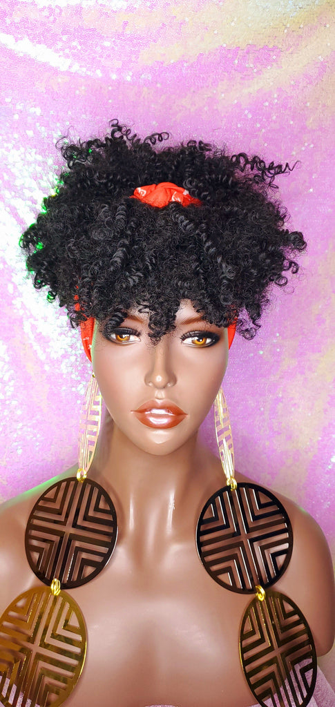 Headband Wig Afro Kinky Puff Bangs Wig Afro Curly Hair Wrap Wig Afro Bang Pre-tied Turban Wig - Beauty Blessing Wigs & Hair Extensions Boutique