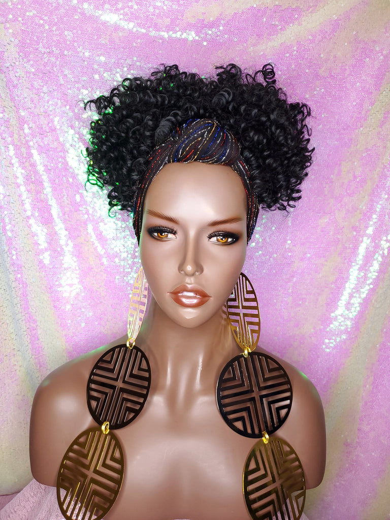 Afro Kinky Puff Curl Turban Wig Black Sequin Head Band Wig - Beauty Blessing Wigs & Hair Extensions Boutique