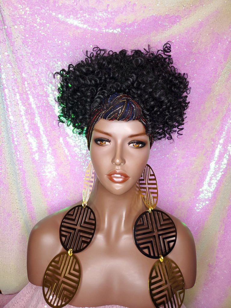 Afro Kinky Puff Curl Turban Wig Black Sequin Head Band Wig - Beauty Blessing Wigs & Hair Extensions Boutique