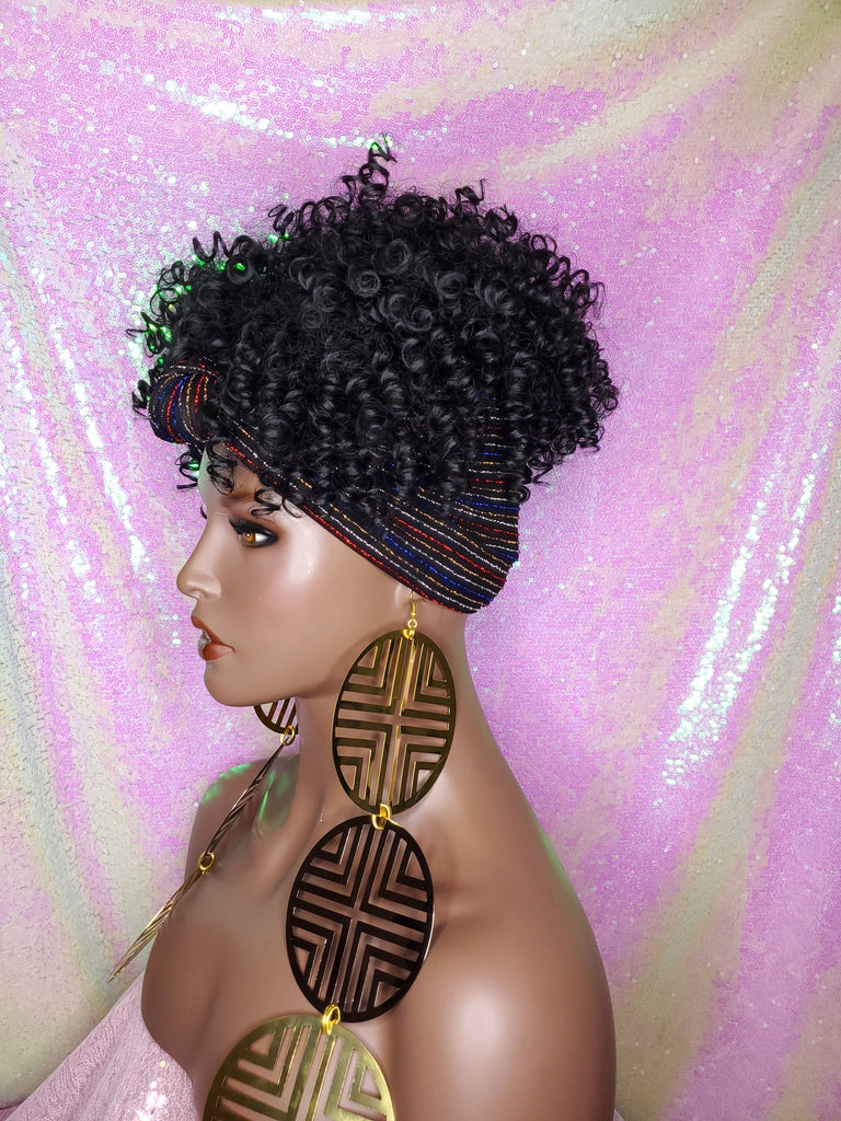 Afro Kinky Puff Curl Turban Wig Black Sequin Head Band Wig - Beauty Blessing Wigs & Hair Extensions Boutique