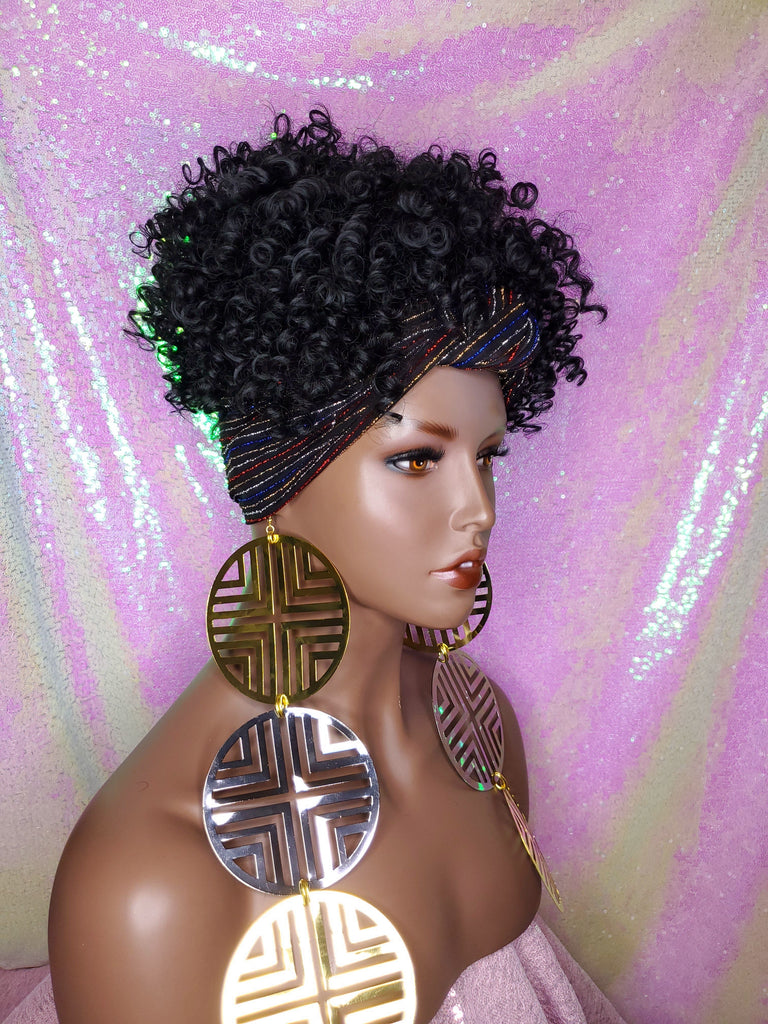 Afro Kinky Puff Curl Turban Wig Black Sequin Head Band Wig - Beauty Blessing Wigs & Hair Extensions Boutique