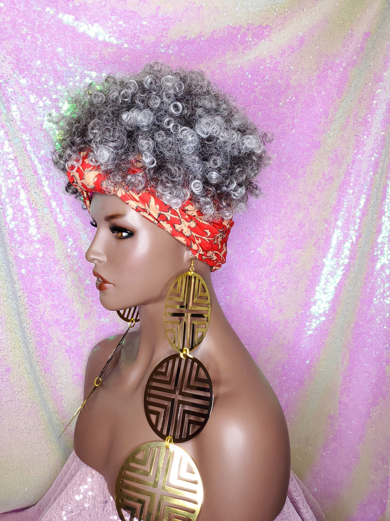 Turban Wig Afro Kinky Coil Puff Salt Pepper Gray Wig Afro Curl African Hair Wrap Wig Pre-tied Bow Turban Wig Afro Puff Headband Wig - Beauty Blessing Wigs & Hair Extensions Boutique