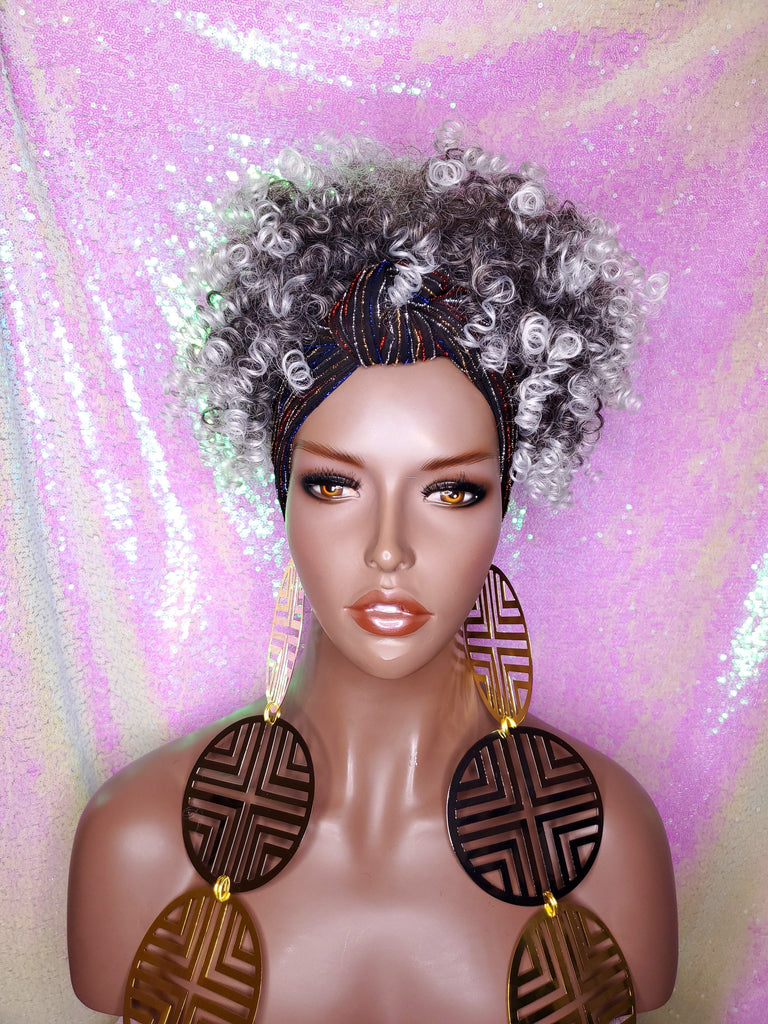 Salt & Pepper Wig Turban Wig Afro Kinky Puff Wig Spiral Curl Hair Wrap Wig Afro Pre-tied Bow Black Sequin Turban Wig Afro Puff Hair Wrap Wig - Beauty Blessing Wigs & Hair Extensions Boutique