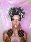 Salt & Pepper Wig Turban Wig Afro Kinky Puff Wig Spiral Curl Hair Wrap Wig Afro Pre-tied Bow Black Sequin Turban Wig Afro Puff Hair Wrap Wig - Beauty Blessing Wigs & Hair Extensions Boutique