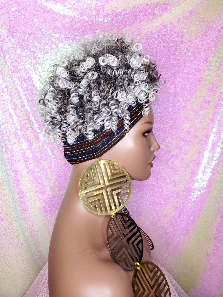Salt & Pepper Wig Turban Wig Afro Kinky Puff Wig Spiral Curl Hair Wrap Wig Afro Pre-tied Bow Black Sequin Turban Wig Afro Puff Hair Wrap Wig - Beauty Blessing Wigs & Hair Extensions Boutique