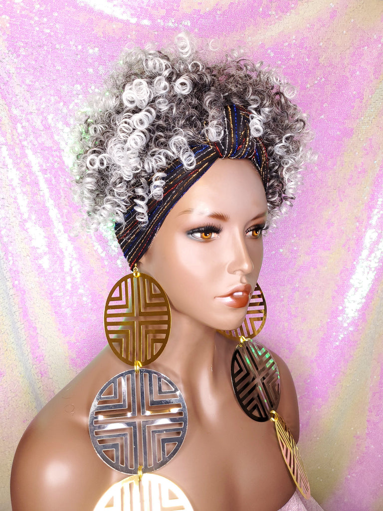 Salt & Pepper Wig Turban Wig Afro Kinky Puff Wig Spiral Curl Hair Wrap Wig Afro Pre-tied Bow Black Sequin Turban Wig Afro Puff Hair Wrap Wig - Beauty Blessing Wigs & Hair Extensions Boutique