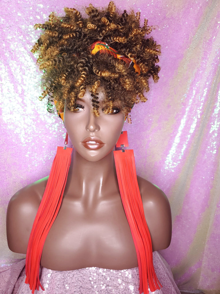 Turban Wig Afro Kinky Puff Bangs Wig Afro Curly Corkscrew Hair Wrap Wig African Print Head Wrap Wig Afro Puff Hair Bang Wig - Beauty Blessing Wigs & Hair Extensions Boutique