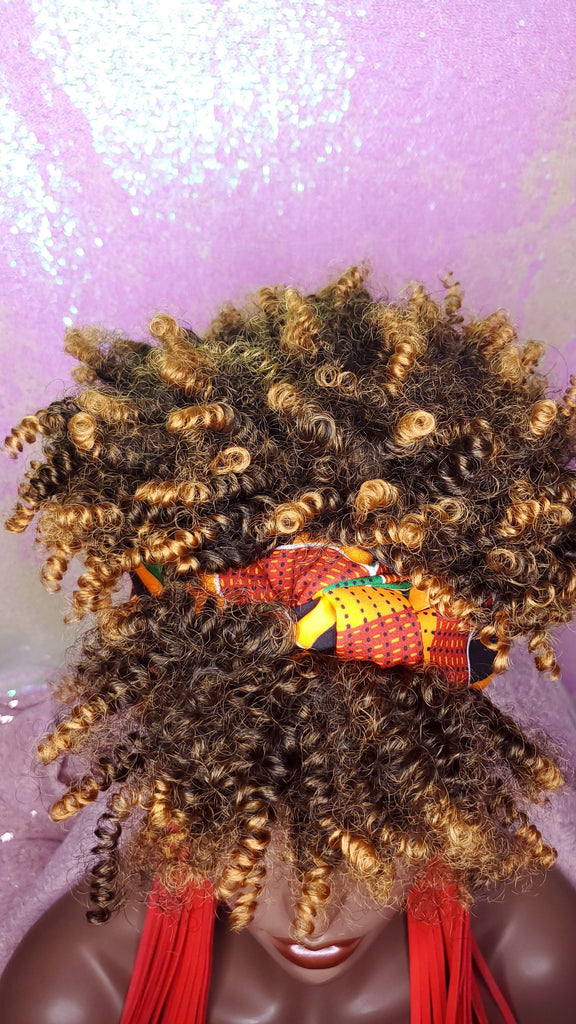Turban Wig Afro Kinky Puff Bangs Wig Afro Curly Corkscrew Hair Wrap Wig African Print Head Wrap Wig Afro Puff Hair Bang Wig - Beauty Blessing Wigs & Hair Extensions Boutique