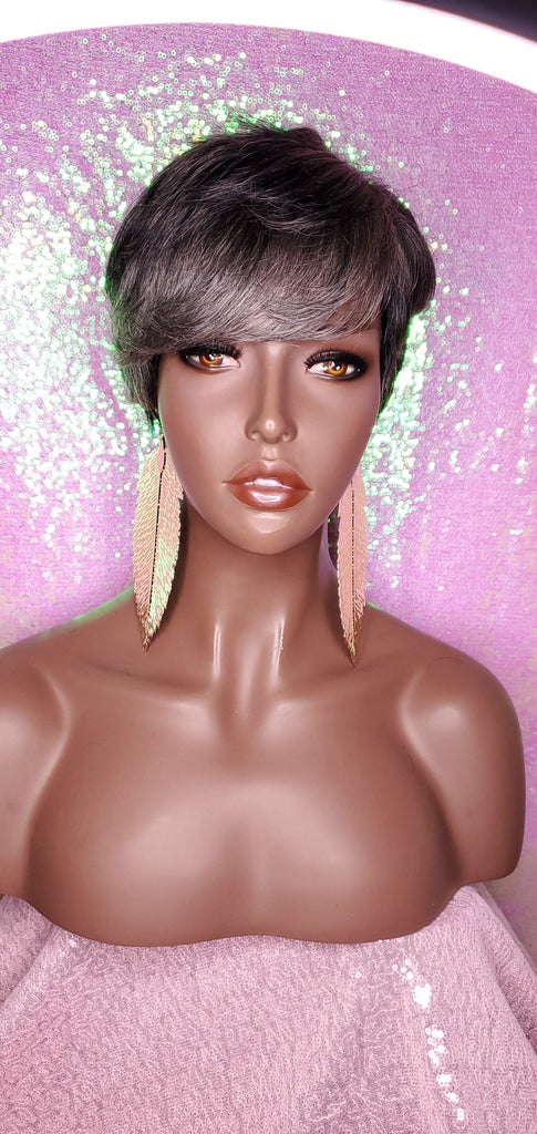 Peruvian Remy 100% Human Hair Pixie Razor Cut 100% Remy Human Hair Wig Gray Black Salt Pepper Color Hair Wig - Beauty Blessing Wigs & Hair Extensions Boutique
