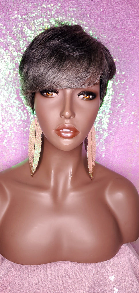 Peruvian Remy 100% Human Hair Pixie Razor Cut 100% Remy Human Hair Wig Gray Black Salt Pepper Color Hair Wig - Beauty Blessing Wigs & Hair Extensions Boutique