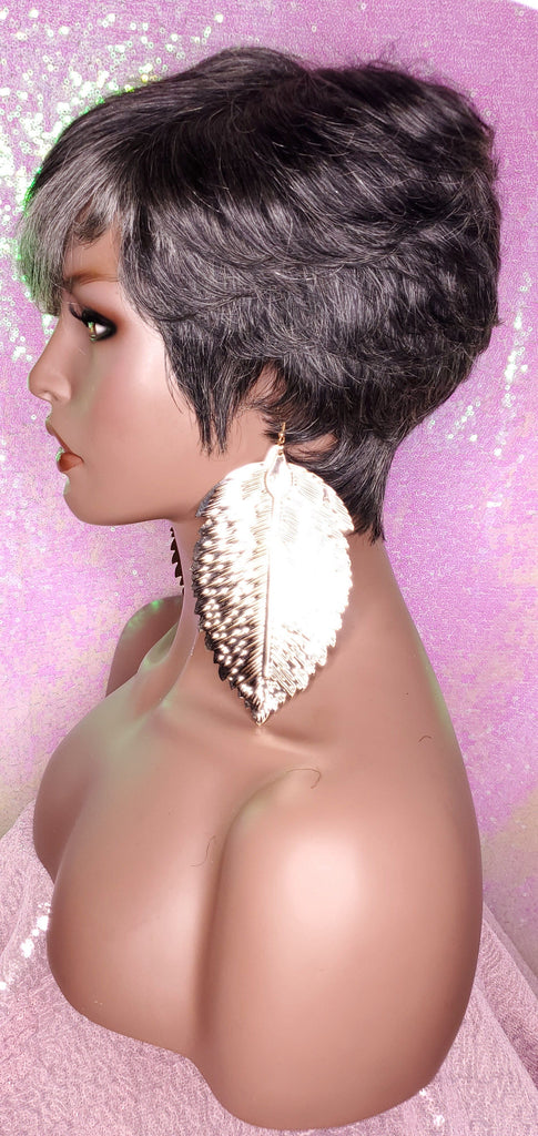 Peruvian Remy 100% Human Hair Pixie Razor Cut 100% Remy Human Hair Wig Gray Black Salt Pepper Color Hair Wig - Beauty Blessing Wigs & Hair Extensions Boutique