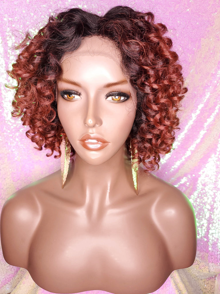Short Bob Kinky Afro Curl Lace Front Wig Small Wand Curl Bob Natural Yaki Bob Wig Glueless Preplucked Lace Wig Ombre Burgundy Red Copper - Beauty Blessing Wigs & Hair Extensions Boutique