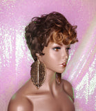 Tapered Short Cut Mohawk Curl Full Cap Wig Pixie Cut Curl Wig Layered Hair Wig Ombre Auburn Brown - Beauty Blessing Wigs & Hair Extensions Boutique