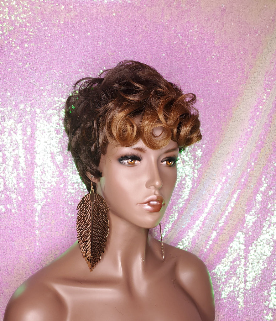Tapered Short Cut Mohawk Curl Full Cap Wig Pixie Cut Curl Wig Layered Hair Wig Ombre Auburn Brown - Beauty Blessing Wigs & Hair Extensions Boutique