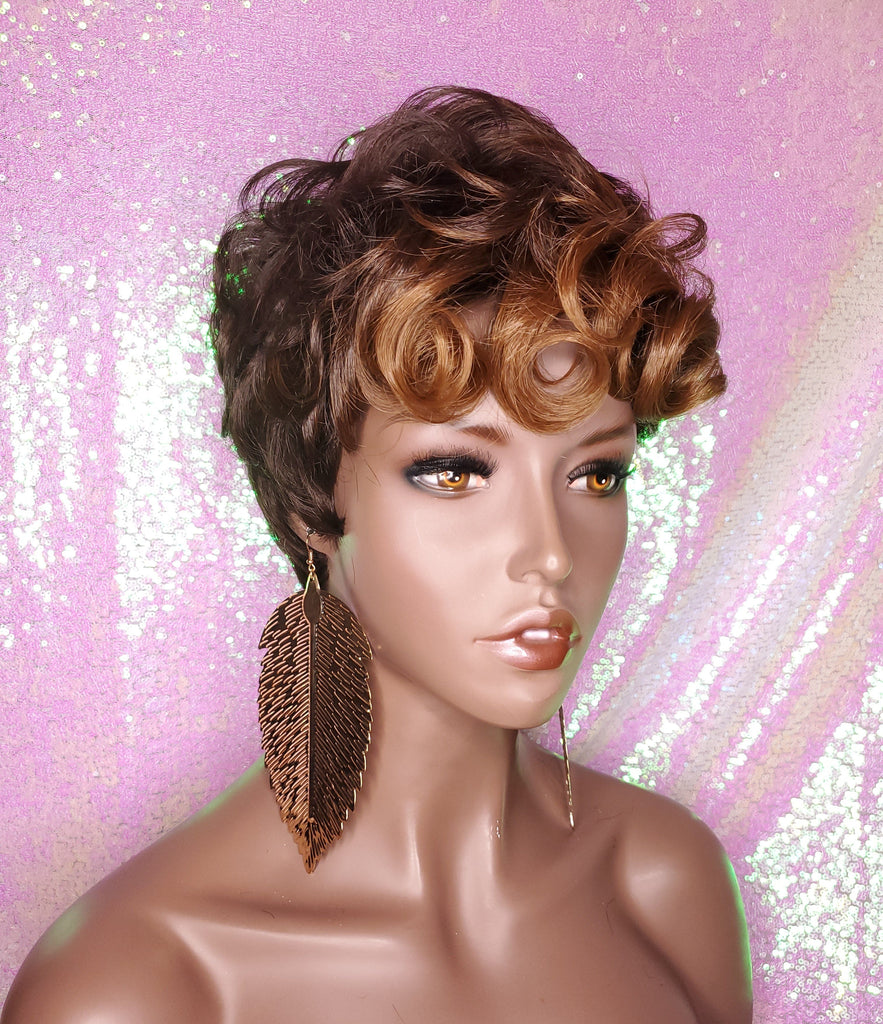 Tapered Short Cut Mohawk Curl Full Cap Wig Pixie Cut Curl Wig Layered Hair Wig Ombre Auburn Brown - Beauty Blessing Wigs & Hair Extensions Boutique