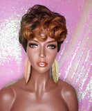 Tapered Short Cut Mohawk Curl Full Cap Wig Pixie Cut Curl Wig Layered Hair Wig Ombre Auburn Brown - Beauty Blessing Wigs & Hair Extensions Boutique