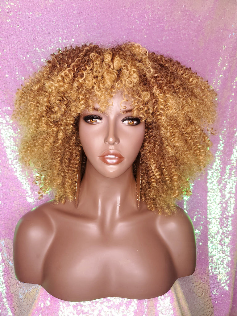 Strawberry Blonde Curly Afro Kinky Twist Hair with Bangs Wig Afro Corkscrew Hair Wig Soft Natural Coily Ombre Blonde Hair Wig - Beauty Blessing Wigs & Hair Extensions Boutique