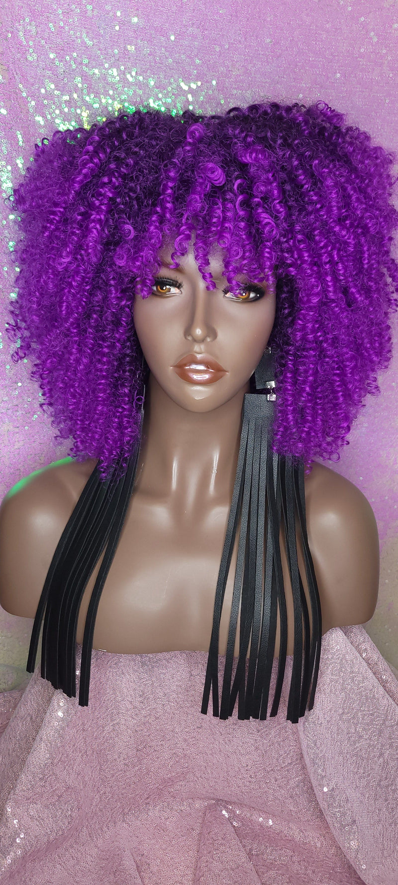 Purple Curly Afro Kinky Twist Bangs Wig Afro Corkscrew Hair Wig Soft Natural Coily Ombre Purple Hair Wig - Beauty Blessing Wigs & Hair Extensions Boutique