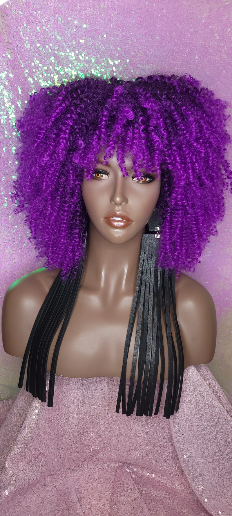Purple Curly Afro Kinky Twist Bangs Wig Afro Corkscrew Hair Wig Soft Natural Coily Ombre Purple Hair Wig - Beauty Blessing Wigs & Hair Extensions Boutique