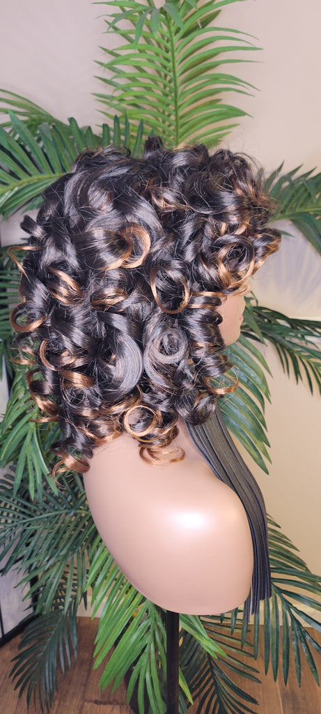 Big Barrel Curl Short Style Wig Full Cap Women Wig Curly Hair Women Fashion Wig Red Carpet Wig Bouncy Curl Hairstyle Auburn Highlights - Beauty Blessing Wigs & Hair Extensions Boutique