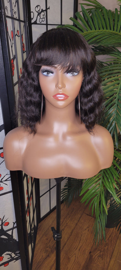 Deep Wave Short Bob Hairstyle Brazilian Remy 100% Human Hair with Bangs Natural Loose Wave Hair Wig Black Hair Wig - Beauty Blessing Wigs & Hair Extensions Boutique