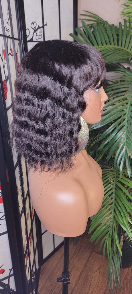 Deep Wave Short Bob Hairstyle Brazilian Remy 100% Human Hair with Bangs Natural Loose Wave Hair Wig Black Hair Wig - Beauty Blessing Wigs & Hair Extensions Boutique