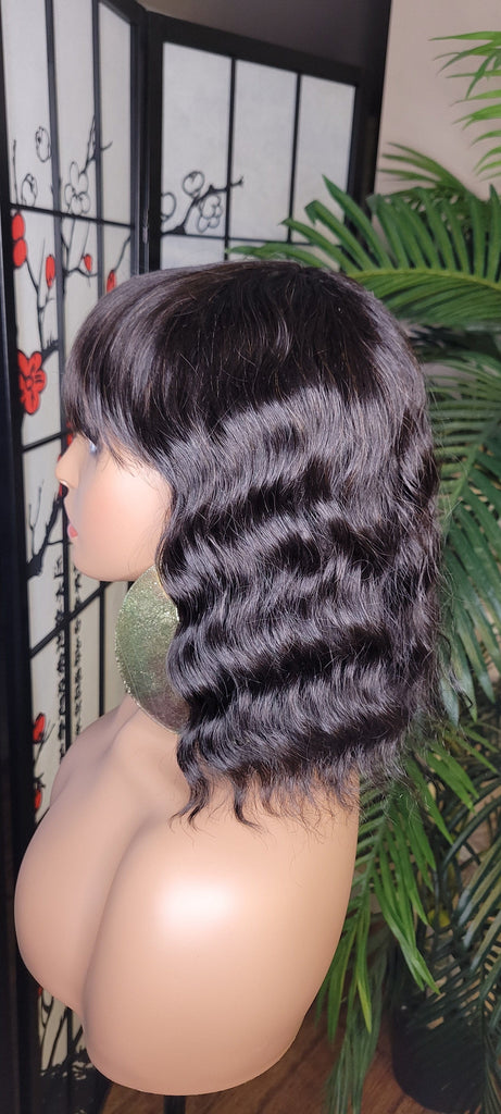 Deep Wave Short Bob Hairstyle Brazilian Remy 100% Human Hair with Bangs Natural Loose Wave Hair Wig Black Hair Wig - Beauty Blessing Wigs & Hair Extensions Boutique