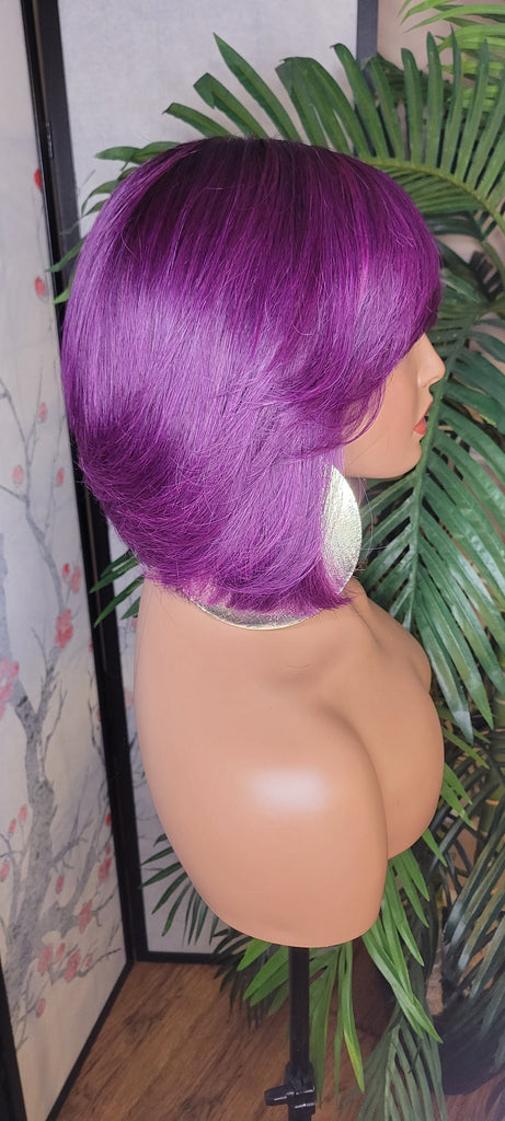 Purple Hair Wig Bob Brazilian Remy Human Hair Remy Short Hair Bob Style Swoop Bang Wig Full Cap Wig - Beauty Blessings LLC