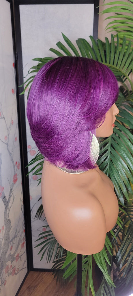 Purple Hair Wig Bob Brazilian Remy Human Hair Remy Short Hair Bob Style Swoop Bang Wig Full Cap Wig - Beauty Blessings LLC