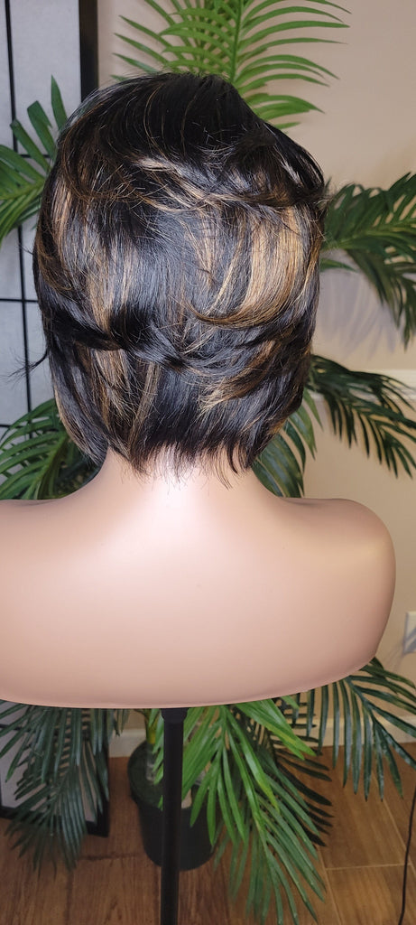 Short Bob Pixie Cut Brazilian Remy Hair Layered Hair Bob Style with Swoop Bangs Sassy Razor Cut Full Cap Wig - Beauty Blessings LLC