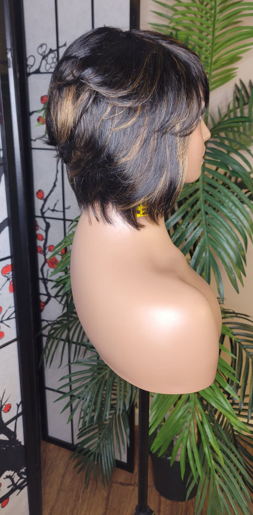 Short Bob Pixie Cut Brazilian Remy Hair Layered Hair Bob Style with Swoop Bangs Sassy Razor Cut Full Cap Wig - Beauty Blessings LLC