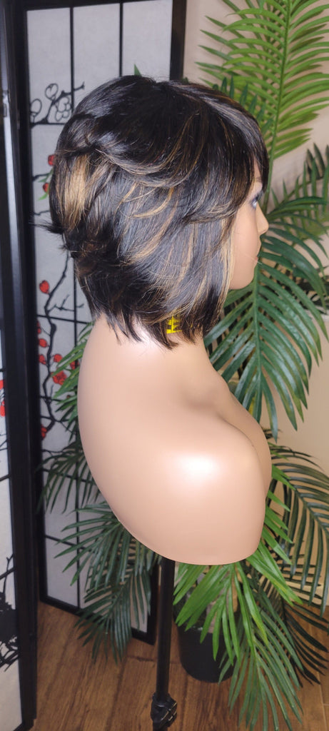Short Bob Pixie Cut Brazilian Remy Hair Layered Hair Bob Style with Swoop Bangs Sassy Razor Cut Full Cap Wig - Beauty Blessings LLC