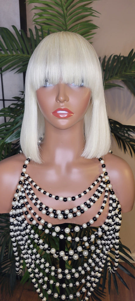 BLONDE Bob Short China Bang Wig Remy 100% Human Hair Wig Razor Cut Bob Hair Style - Beauty Blessings LLC
