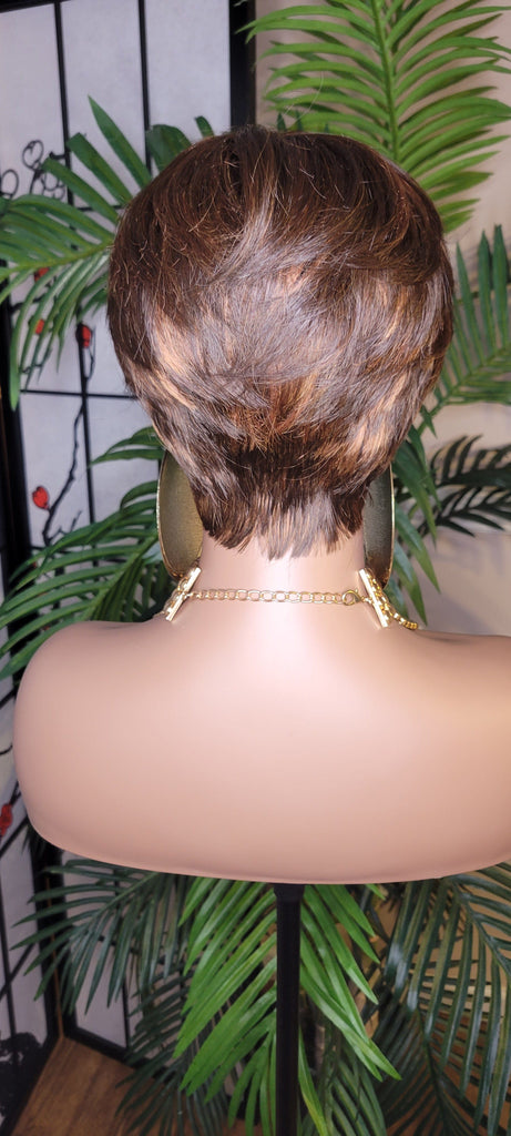 Brown Auburn Colored Hair Pixie Cut Swoop Bang Short Style Layered Hair Wig - Beauty Blessings LLC