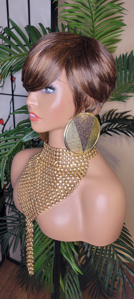 Brown Auburn Colored Hair Pixie Cut Swoop Bang Short Style Layered Hair Wig - Beauty Blessings LLC