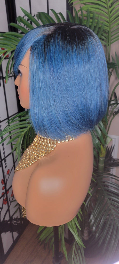 Blue Hair Wig Bob Brazilian Remy Human Hair Short Hair Bob Hairstyle Swoop Bang Hair Full Cap Wig - Beauty Blessings LLC