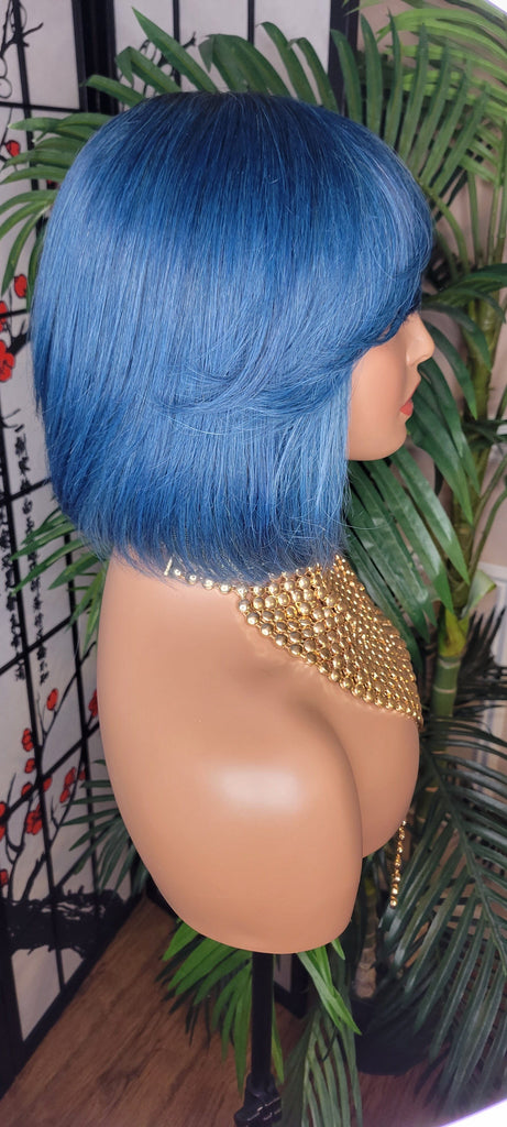 Blue Hair Wig Bob Brazilian Remy Human Hair Short Hair Bob Hairstyle Swoop Bang Hair Full Cap Wig - Beauty Blessings LLC