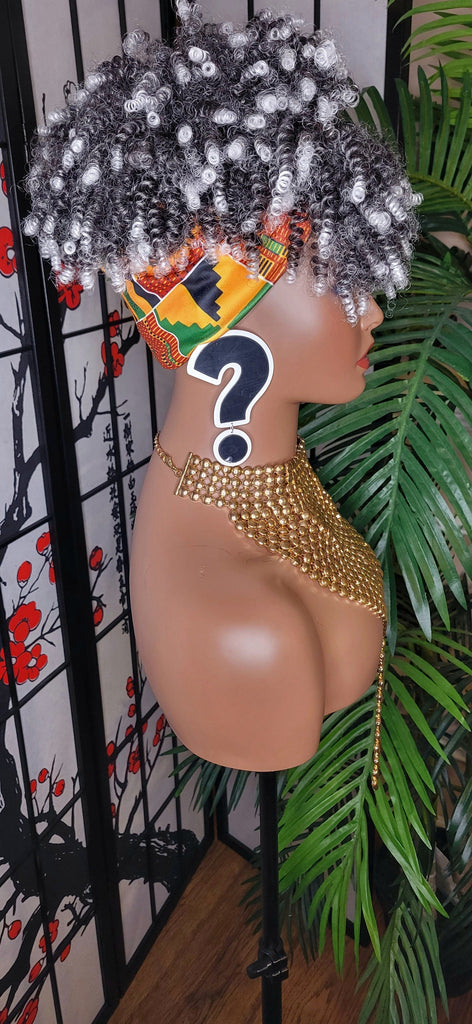 Gray Hair Turban Wig Afro Kinky Puff Bangs Afro Twist Hair Afro Bang Gray Salt Pepper Gray Colored Afro Puff Hair African Print Turban Wig - Beauty Blessings LLC