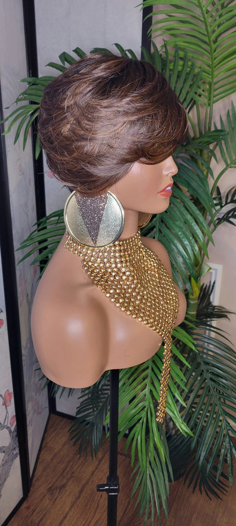 Brown Auburn Black Ombre Colored Hair Pixie Cut Wigs Swoop Bang Premium Fiber Heat Resistant Short Style Layered Hair Wig - Beauty Blessings LLC