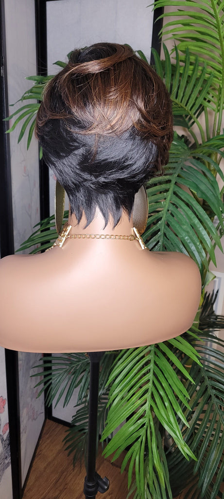 Brown Auburn Black Ombre Colored Hair Pixie Cut Wigs Swoop Bang Premium Fiber Heat Resistant Short Style Layered Hair Wig - Beauty Blessings LLC