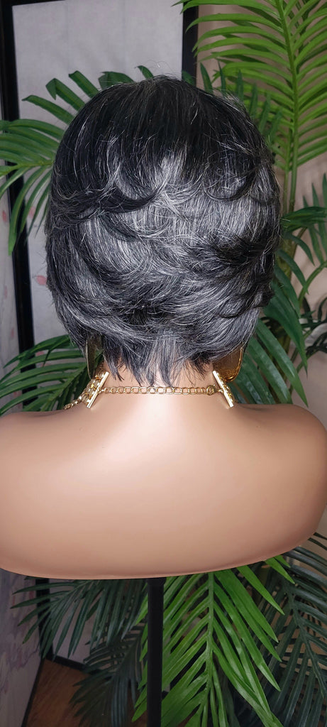 Dark Salt & Pepper Gray Tone Pixie Bob Cut Layered Brazilian Remy Human Hair Wig - Beauty Blessing Wigs & Hair Extensions Boutique