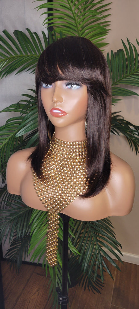 Brazilian Remy 100% Human Hair Straight Wrap Style Layered Swoop Bang Full Cap Wig Fashion Hair Wig - Beauty Blessings LLC