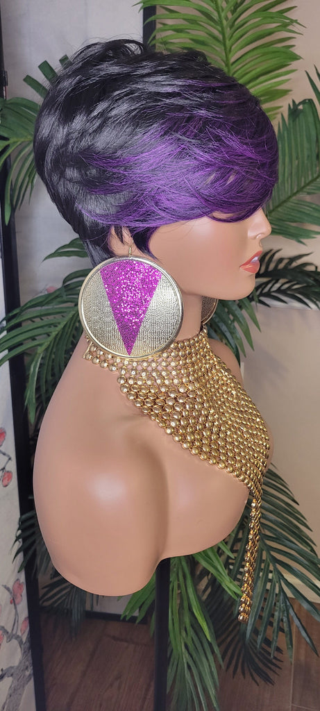Purple Hair Wig Pixie Cut Hairstyle Wig Pixie Cut Wig with Swoop Bangs Purple Hair Wig - Beauty Blessings LLC
