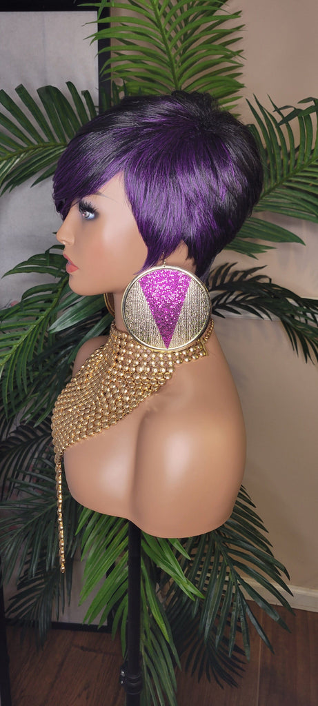 Purple Hair Wig Pixie Cut Hairstyle Wig Pixie Cut Wig with Swoop Bangs Purple Hair Wig - Beauty Blessings LLC
