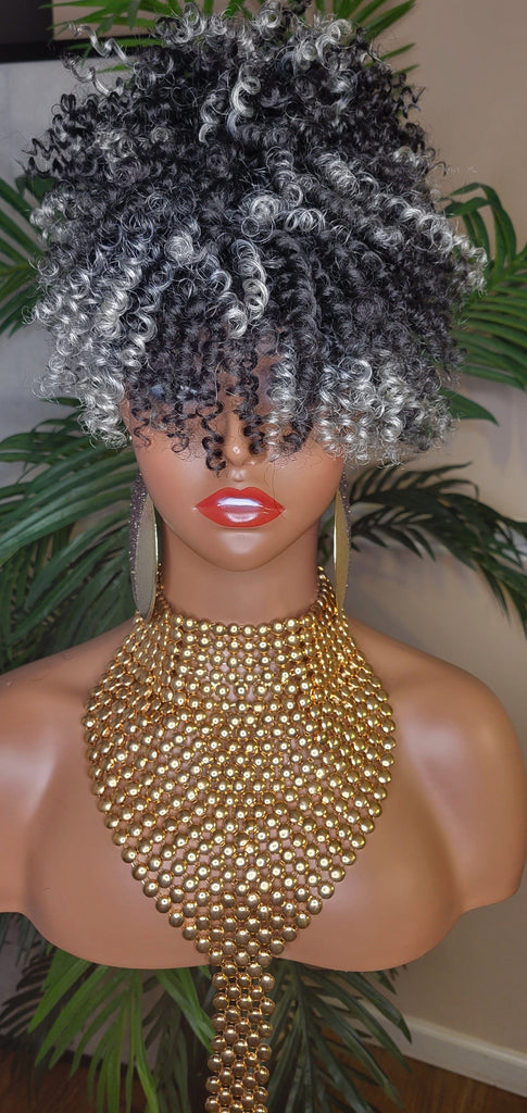 Hair Ponytail Afro Kinky Straw Curls Bangs Ponytail Afro Hair Bun and Bang Ombre Gray Hair Color Ponytail 2pc Hair Peice - Beauty Blessings LLC