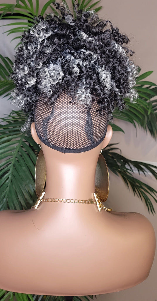 Hair Ponytail Afro Kinky Straw Curls Bangs Ponytail Afro Hair Bun and Bang Ombre Gray Hair Color Ponytail 2pc Hair Peice - Beauty Blessings LLC