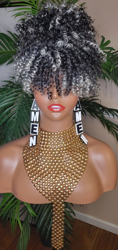 Hair Ponytail Afro Kinky Straw Curls Bangs Ponytail Afro Hair Bun and Bang Ombre Gray Hair Color Ponytail 2pc Hair Peice - Beauty Blessings LLC